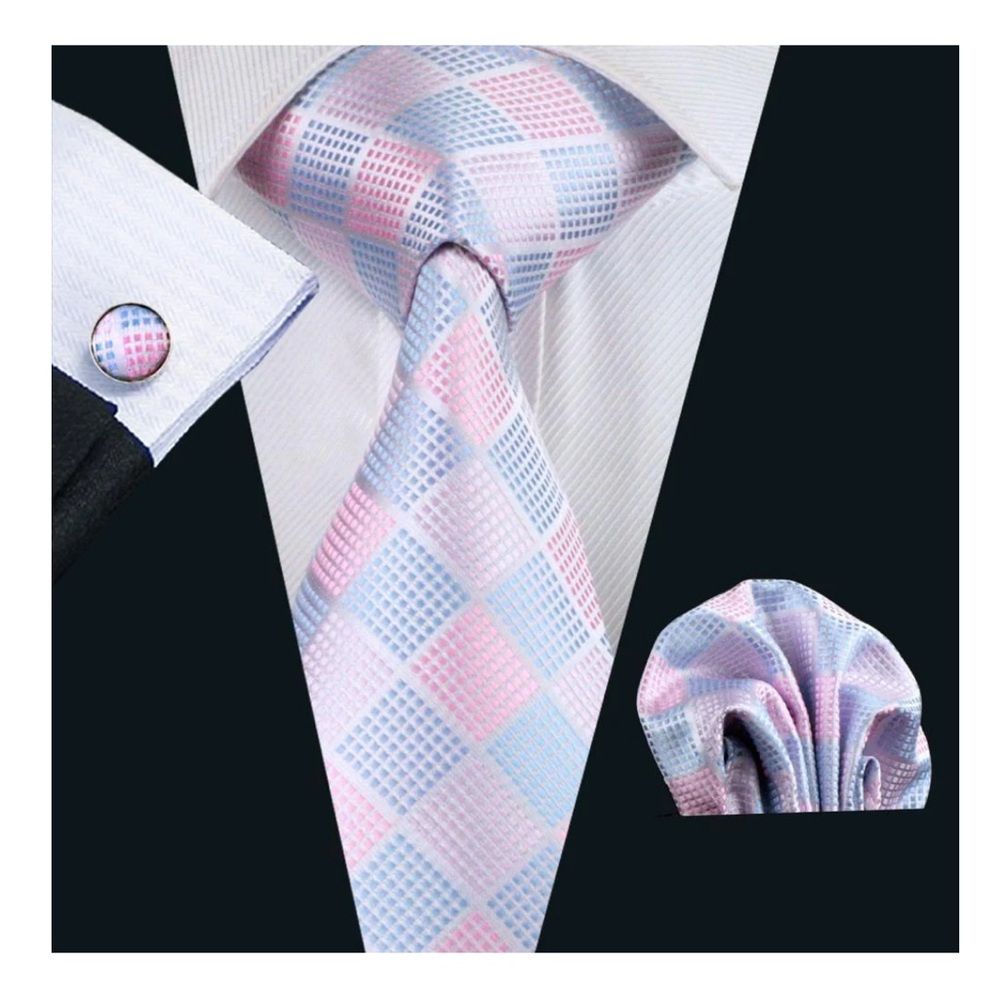 NIP Elegant Pink and Blue Checkered Silk Tie Set